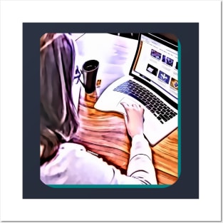 Woman working white coat and laptop make money Posters and Art